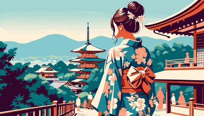 The concept of Kyoto in summer and the image of a woman in a yukata. Vector illustration.