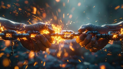 Breaking free, hands part a chain engulfed in flames, sparks highlight the power of freedom 3d illustration - obrazy, fototapety, plakaty