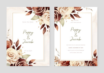 Red and beige rose set of wedding invitation template with shapes and flower floral border