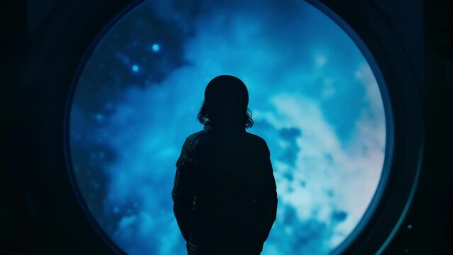 Silhouetted against a sea of ling stars a space explorer looks out of a spaceship window lost in the wonder of the tranquil and ethereal . AI generation.