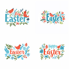 Hand drawn Happy Easter greeting lettering set, blue text, cute red bird in flowers and green leaves, sketch colorful illustration isolated on white backdrop festive title for design holiday postcard
