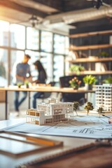 Naklejka premium Office collaboration between architects, with construction blueprints and a model building on their desk 3d illustration
