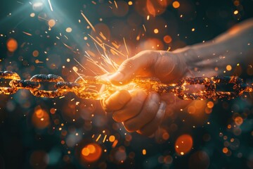 Sparks erupt as hands forcefully part a burning chain, a vivid symbol of breaking barriers 3d illustration - obrazy, fototapety, plakaty