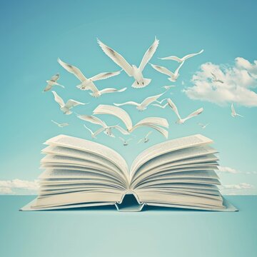 A tranquil scene featuring an open book with paper birds flying out towards the clear blue sky, symbolizing freedom and knowledge.
