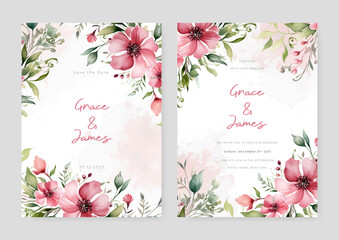 Pink peony wedding invitation card template with flower and floral watercolor texture vector