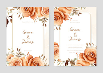 Peach rose wedding invitation card template with flower and floral watercolor texture vector