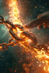 A chain engulfed in flames parted by hands, sparks illuminate the struggle for liberation 3d illustration