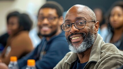 Confident African-American financial advisor,wearing glasses and a suit,is seen smiling and engaging with a diverse group of individuals in a corporate training session - obrazy, fototapety, plakaty