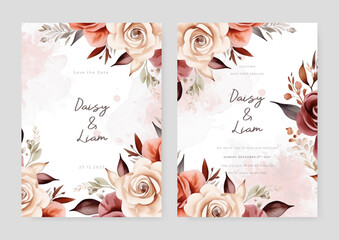 Beige rose modern wedding invitation template with floral and flower