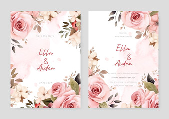 Pink and beige rose and cosmos beautiful wedding invitation card template set with flowers and floral