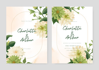 White and green chrysanthemum floral wedding invitation card template set with flowers frame decoration