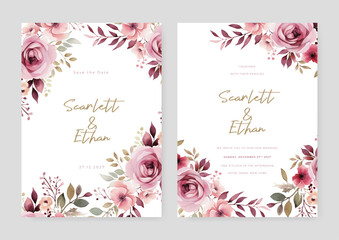 Pink orchid and rose vector wedding invitation card set template with flowers and leaves watercolor