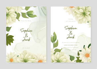 Green and white sunflower set of wedding invitation template with shapes and flower floral border