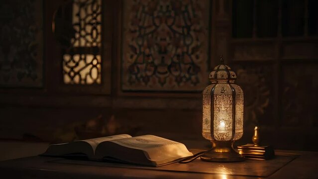 Animated 3D room with Eastern decor, featuring a lamp and the Quran on a table. Depicts Islamic concepts like Eid al-Adha, Ramadan, and Muslim beliefs.