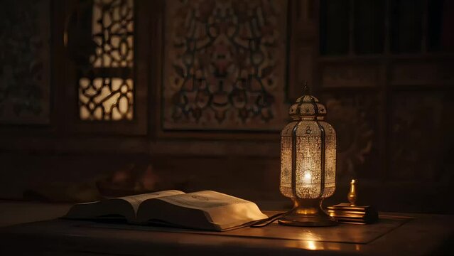 Animated 3D room with Eastern decor, featuring a lamp and the Quran on a table. Depicts Islamic concepts like Eid al-Adha, Ramadan, and Muslim beliefs.