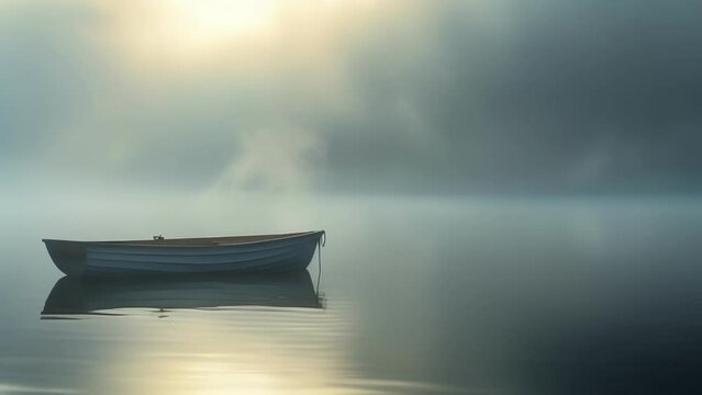 A lone boat floating on a misty lake the sun just ly able to break through the fog to cast a soft light on the water.