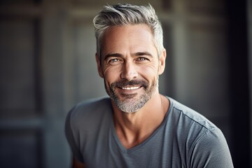 Portrait of a handsome mature man with grey hair and beard. - obrazy, fototapety, plakaty
