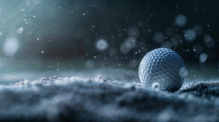 Fototapeta na wymiar golf ball, close-up, frost, winter, cold temperature, dimpled surface, macro shot, snowflakes, icy terrain, bokeh lights, frozen, golf in winter, sporting goods, blue tone, chill, outdoor sports