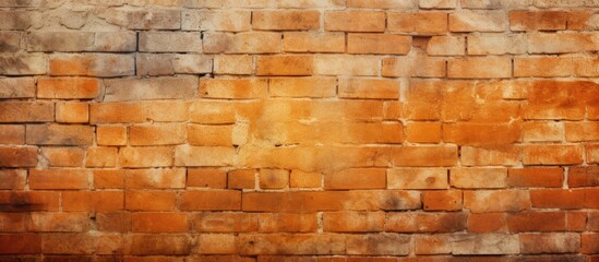 A close up of a brown brick wall with amber and orange tinted shades. The rectangular brickwork creates a beautiful pattern, resembling wood building material