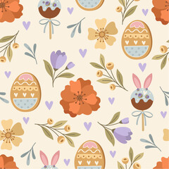 Seamless pattern with Easter sweets and flowers. - obrazy, fototapety, plakaty