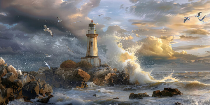 This captivating image captures a lone lighthouse standing resilient as stormy waves crash against the rocky shore under a tempestuous sky with seagulls