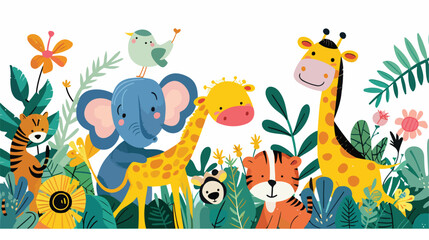 cartoon scene with jungle animals being together illus