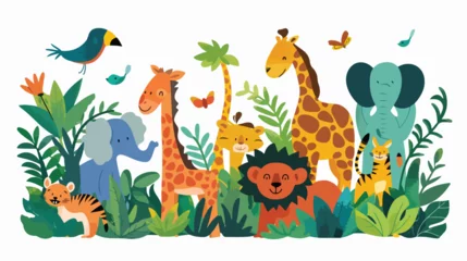 Zelfklevend Fotobehang cartoon scene with jungle animals being together illus © Nobel