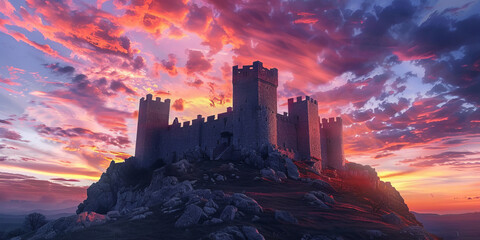 An awe-inspiring view of a majestic medieval castle set against the dramatic backdrop of a vibrant sunset sky, evoking a sense of history and fantasy - obrazy, fototapety, plakaty