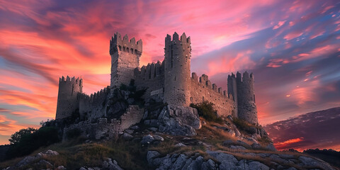 Striking image of a castle silhouette with multiple towers against an intensely fiery sky at dusk, invoking a sense of wonder and fantasy - obrazy, fototapety, plakaty
