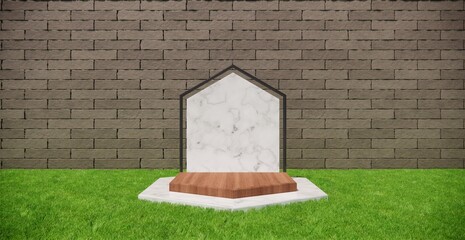 Wooden podium and marble stone on grass