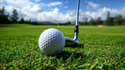 golf ball, iron club, tee shot, fairway, close-up, dimpled texture, golf equipment, sunny day, grass, golf course, outdoor sport, golfing precision, hobby, tee box, blue sky, fluffy clouds, focus - obrazy, fototapety, plakaty
