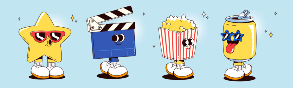 Movie and cinema cartoon character mascot set. Cute toon retro groovy style personage with faces, legs and arms - smiling clapperboard and star in sunglasses, popcorn and soda can with tube.
