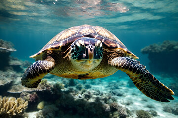Obraz na płótnie Canvas A close up of a sea turtle swimming undersea