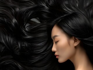 Asian Beauty with Glistening Black Hair - Elegant Portrait for Hair Treatments and Salon Services