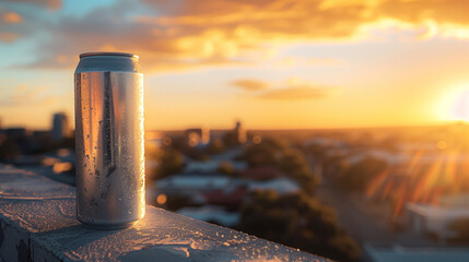 Tall silver skinny beer can, closeup. Space for design