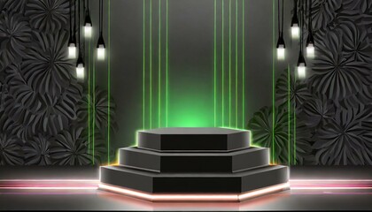 Neon Noir: Black Podium Stage with Dark Studio Lighting for Cosmetic Display