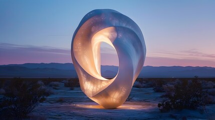 Luminous Infinite Loop Marble Sculpture Glowing at Dusk in Nevada Desert