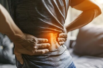 Man Experiencing Back Pain at Home, Seeking Relief