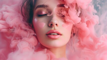 Pink-Infused Beauty Model Adorned in Fluffy Clouds of Cotton Candy Makeup and Pastel Flowers