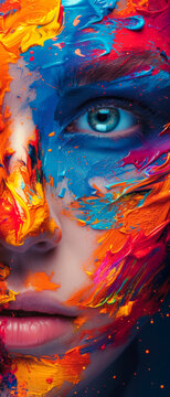A woman's face is painted with bright colors, giving the impression of a vibrant and energetic personality. The use of bold colors and the abstract nature of the painting suggest a sense of creativity