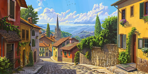 A vibrant and detailed depiction of a sunny day on an old, steep cobblestone street in a historic Tuscan town