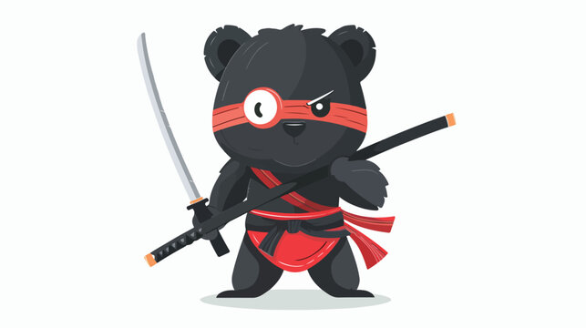 Cute ninja bear carrying weapons flat vector 