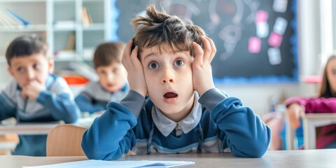 nine-year-old student in the classroom, emotions - surprise or irritation