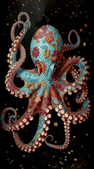 A colorful octopus with a blue and red pattern on its head. The octopus is surrounded by stars and he is in a black background