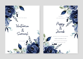 Blue rose vector elegant watercolor wedding invitation floral design