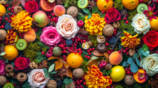 A colorful arrangement of fruits and flowers, including apples, oranges, and kiwis, with a mix of red and yellow flowers