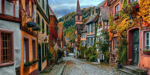 An enchanting alleyway lined with traditional half-timbered houses adorned in vibrant autumn foliage