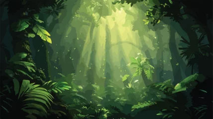 Fotobehang Dark rainforest sun rays through the trees rich jungle © Nobel