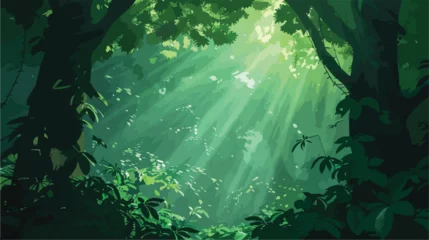 Fotobehang Dark rainforest sun rays through the trees rich jungle © Nobel