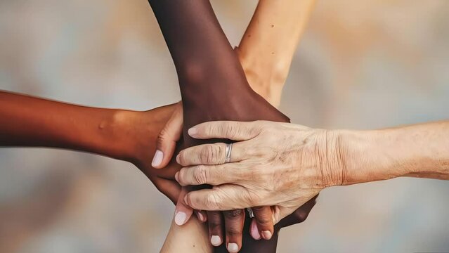Animated 3D scene depicts hands of various ages and races working together in unity, symbolizing diversity, equality, and inclusivity